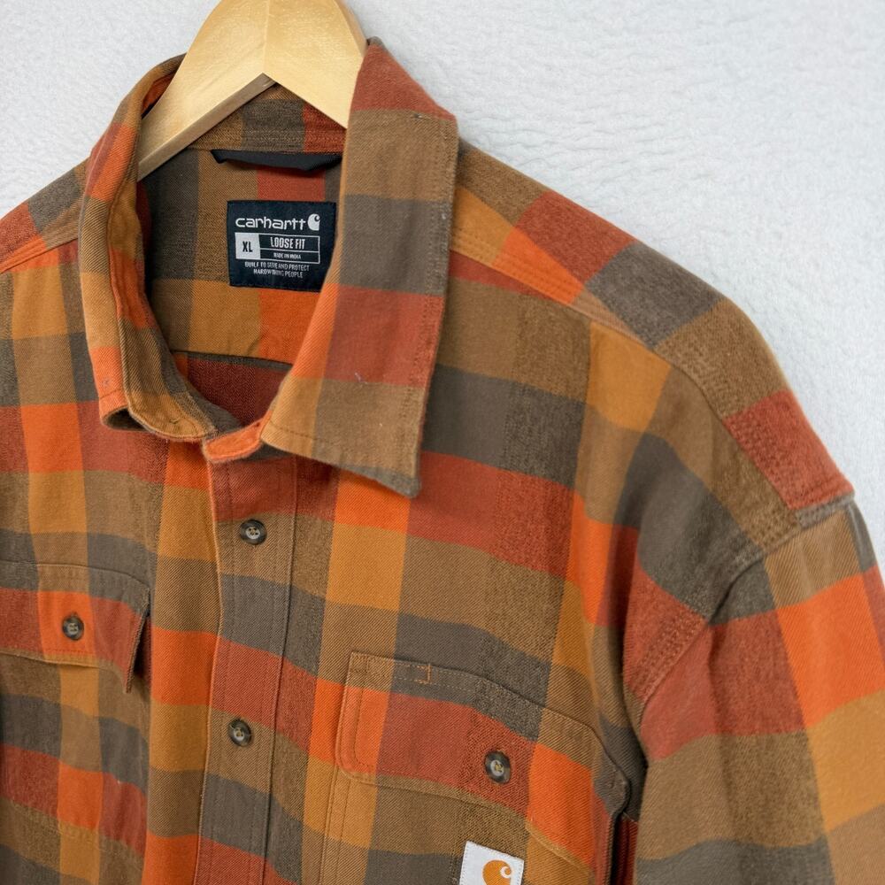 CARHARTT Shirt Mens XL Loose Fit Heavyweight Flannel Long Sleeve Plaid Orange